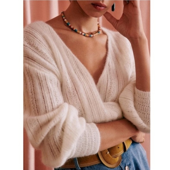 SÉZANE Cristina Cream Mohair Wool Crossover V Neck Crossover  Pointelle Sweater - Picture 6 of 16